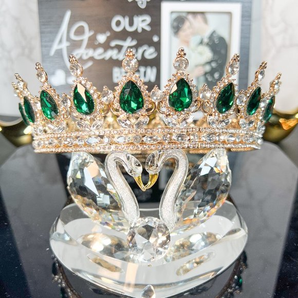 Accessories - Royal Queen Crown for Women, Green Rhinestone Wedding Crown, Prom Party XL Crown